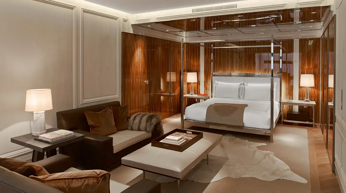 Luxury bedroom interior at Baccarat Hotel New York, located in New York City.