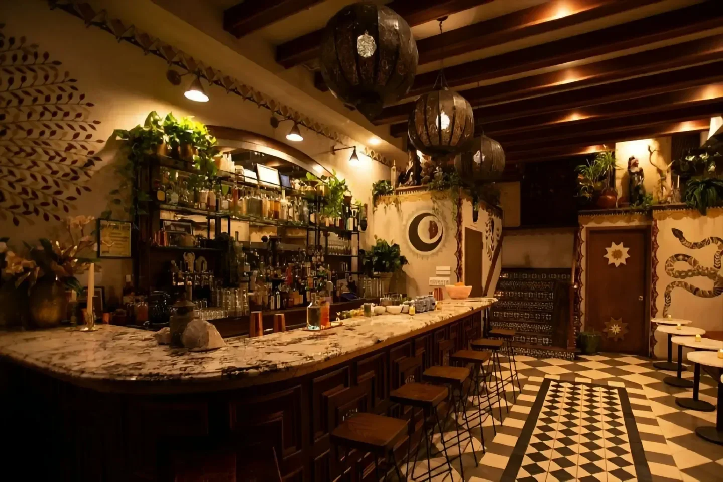 Interior of Gospel restaurant in New York City with stylish bar and decor.