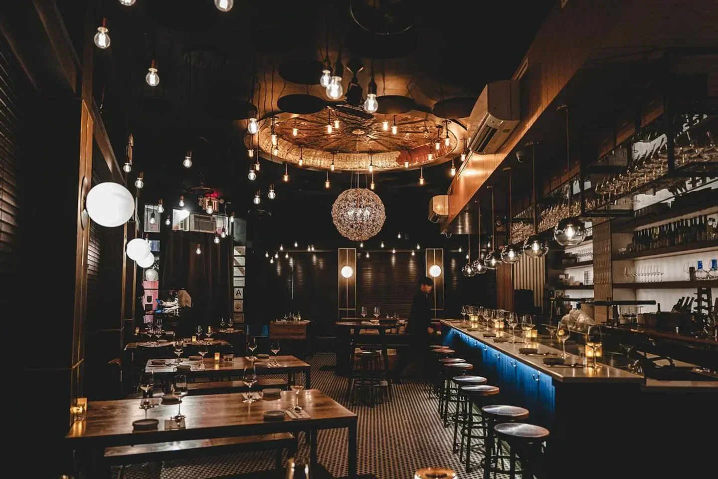 Interior of Jeju Noodle Bar in New York City with stylish lighting and decor