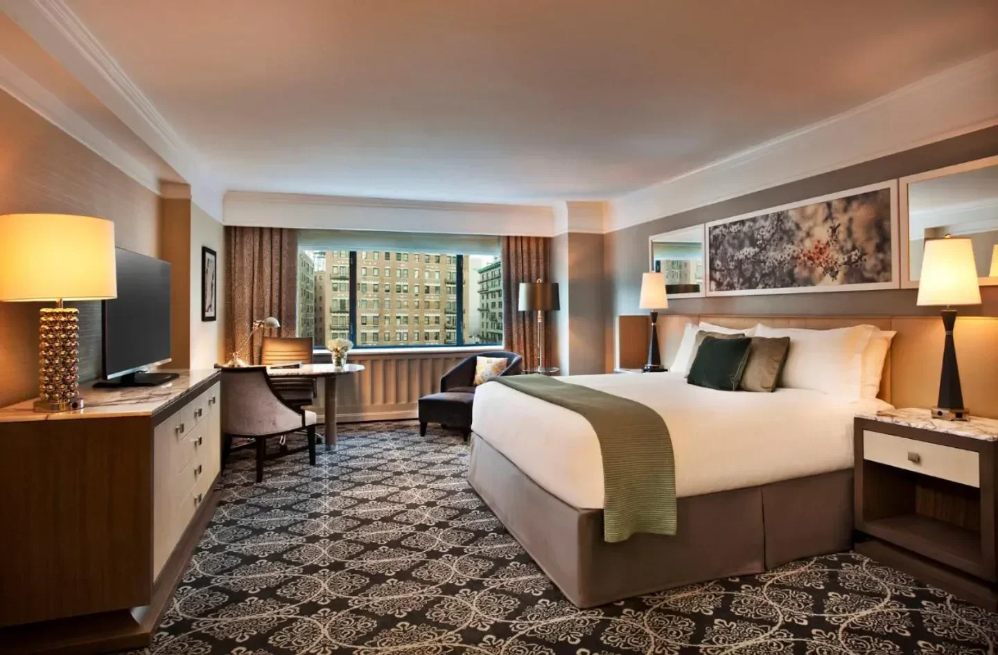 Elegant hotel room at the Loews Regency New York Hotel in New York City.