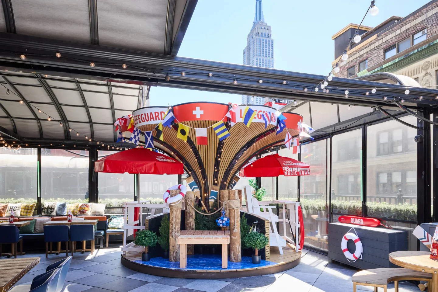 Magic Hour Rooftop & Bar New York City with Empire State Building view and nautical decor