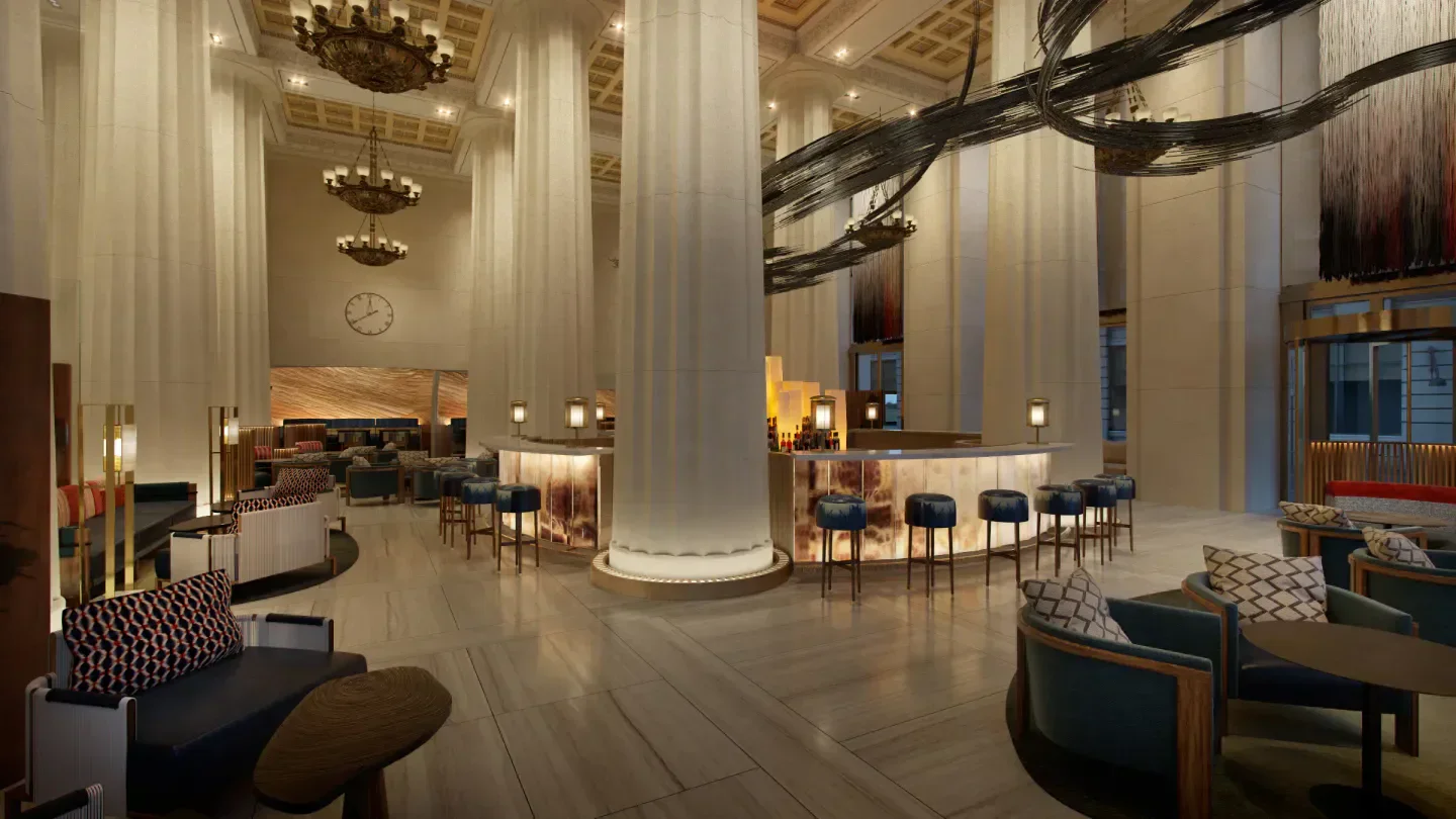 Interior of Nobu Downtown in New York City with stylish seating and bar.