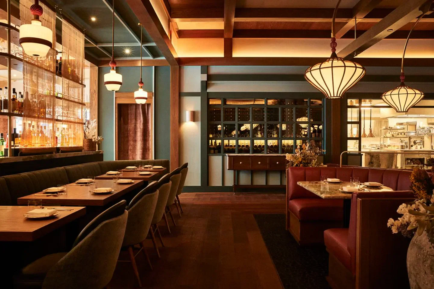 Cozy dining room at Oiji Mi in New York City with stylish lighting and decor