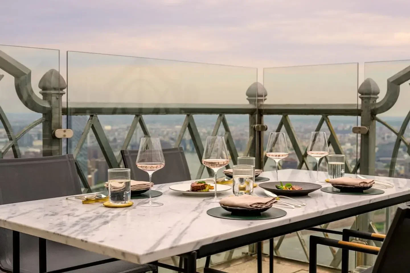 Fine dining at Saga in New York City with stunning city views and elegant table setting