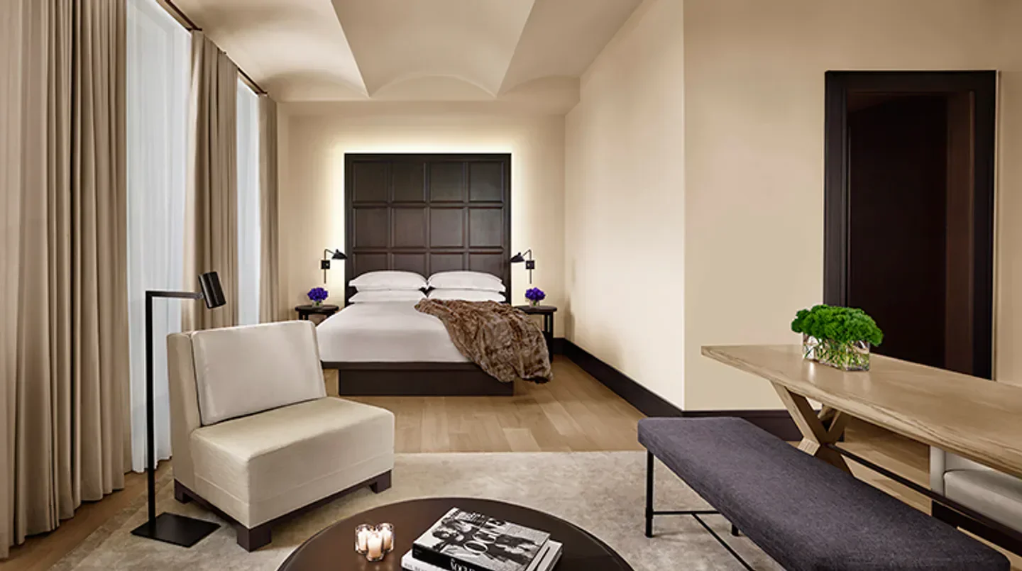 Cozy bedroom interior at The New York EDITION hotel in New York City.